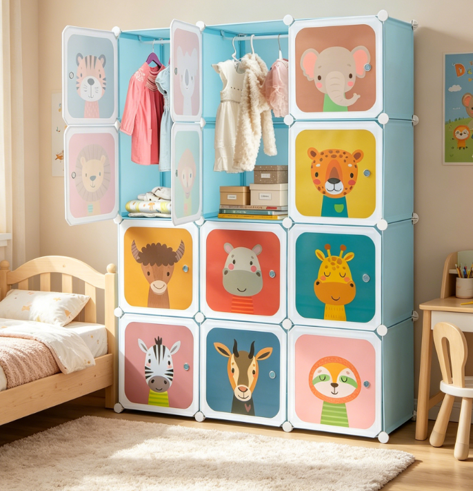 Kids Modular Wardrobe, Plastic Cabinet with 12 Cubes, Doors and Hangers, Blue